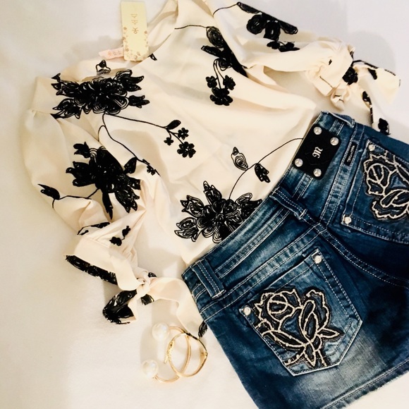 Tops - Cream Black Floral Embroidered Tie Cuff Blouse